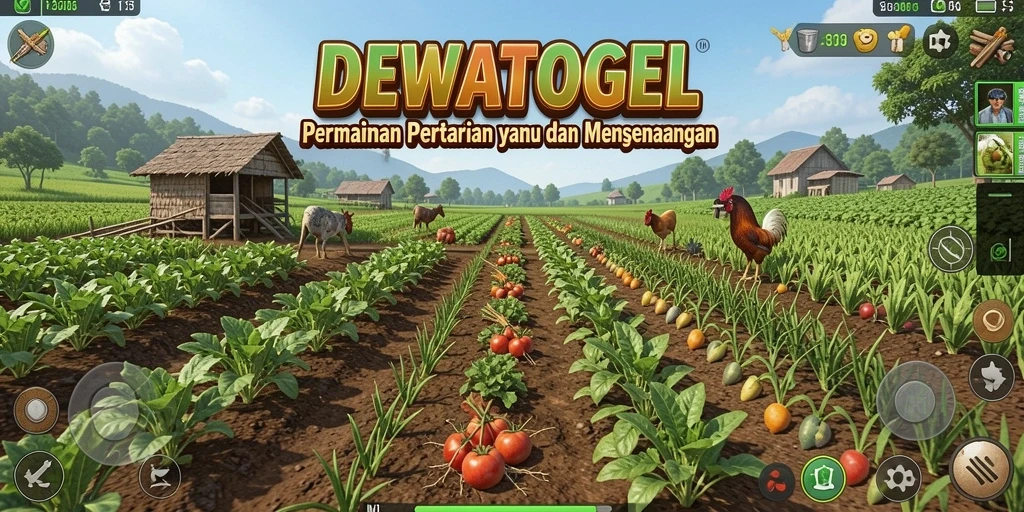 Screenshot gameplay DEWATOGEL dengan ladang pertanian yang indah.