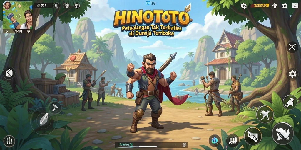 Tangkapan layar gameplay HINOTOTO, menunjukkan petualangan di dunia terbuka.