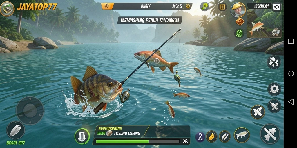 Gameplay JAYATOP77 menampilkan suasana memancing yang menenangkan dan berwarna.
