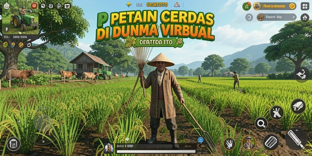 Tampilan gameplay OCATOTO menunjukkan ladang hijau subur dengan berbagai tanaman.