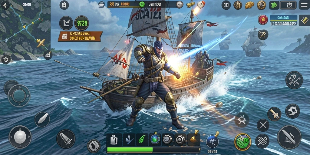 Screenshot ORCA128 menampilkan aksi menegangkan di lautan.