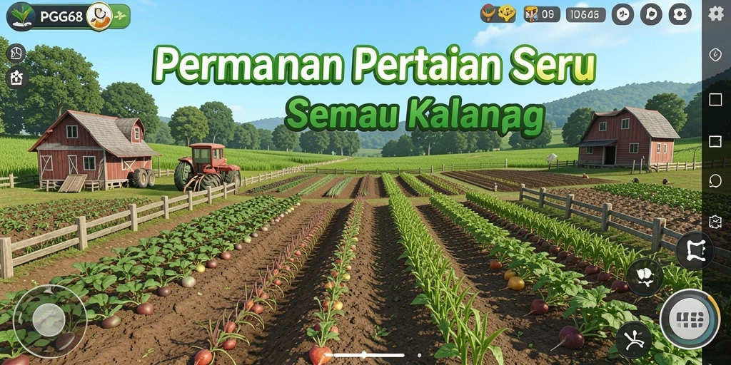 Tampilan gameplay PGG68 yang seru dengan ladang dan hewan ternak.