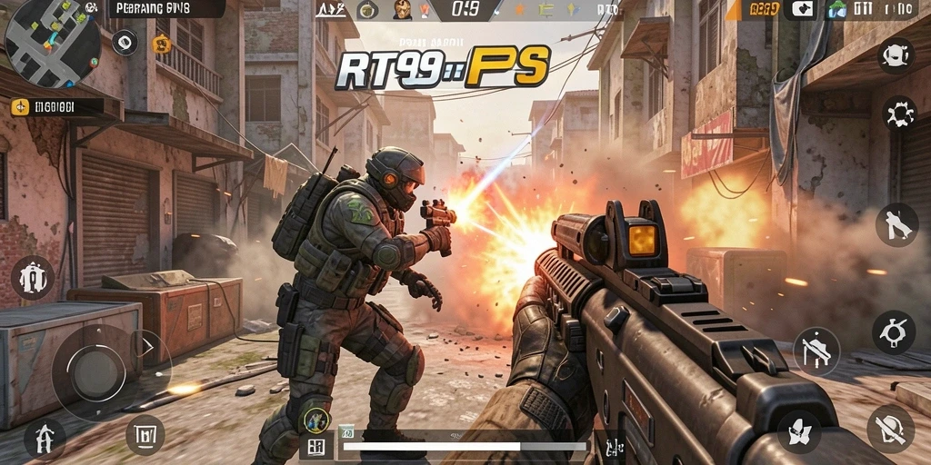 Screenshot utama gameplay RT99 menampilkan pertempuran intens FPS.