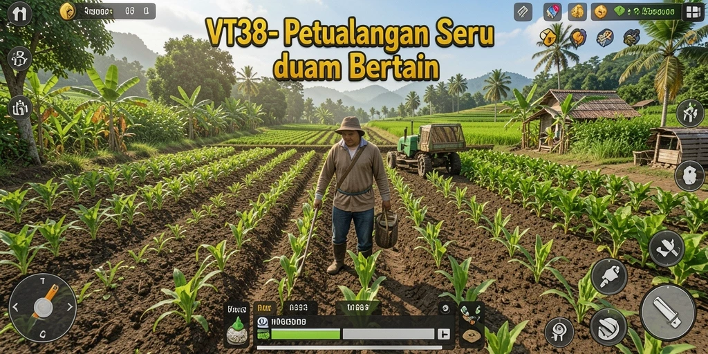 Screenshot gameplay VT38 menunjukkan aktivitas bertani yang seru.